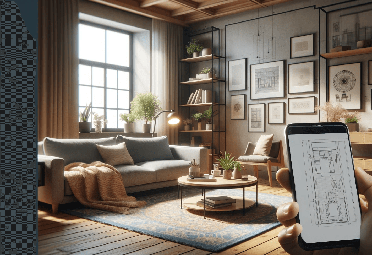 A hand holds a phone with a rooms floor plan