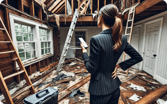 Woman standing in a house where the upper floor has fallen through